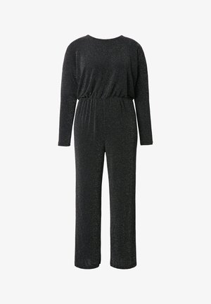 Tuta nera realizzata in un tessuto testurizzato e scintillante, con maniche lunghe, scollatura tonda, vita elastica e aperture ampie per le gambe.
