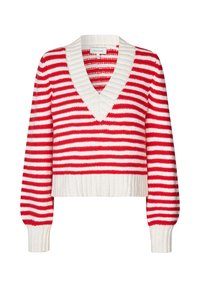 Maglione corto a righe rosse e bianche con scollo a V, texture a coste e maniche lunghe. Presenta un ampio orlo e polsini a coste.