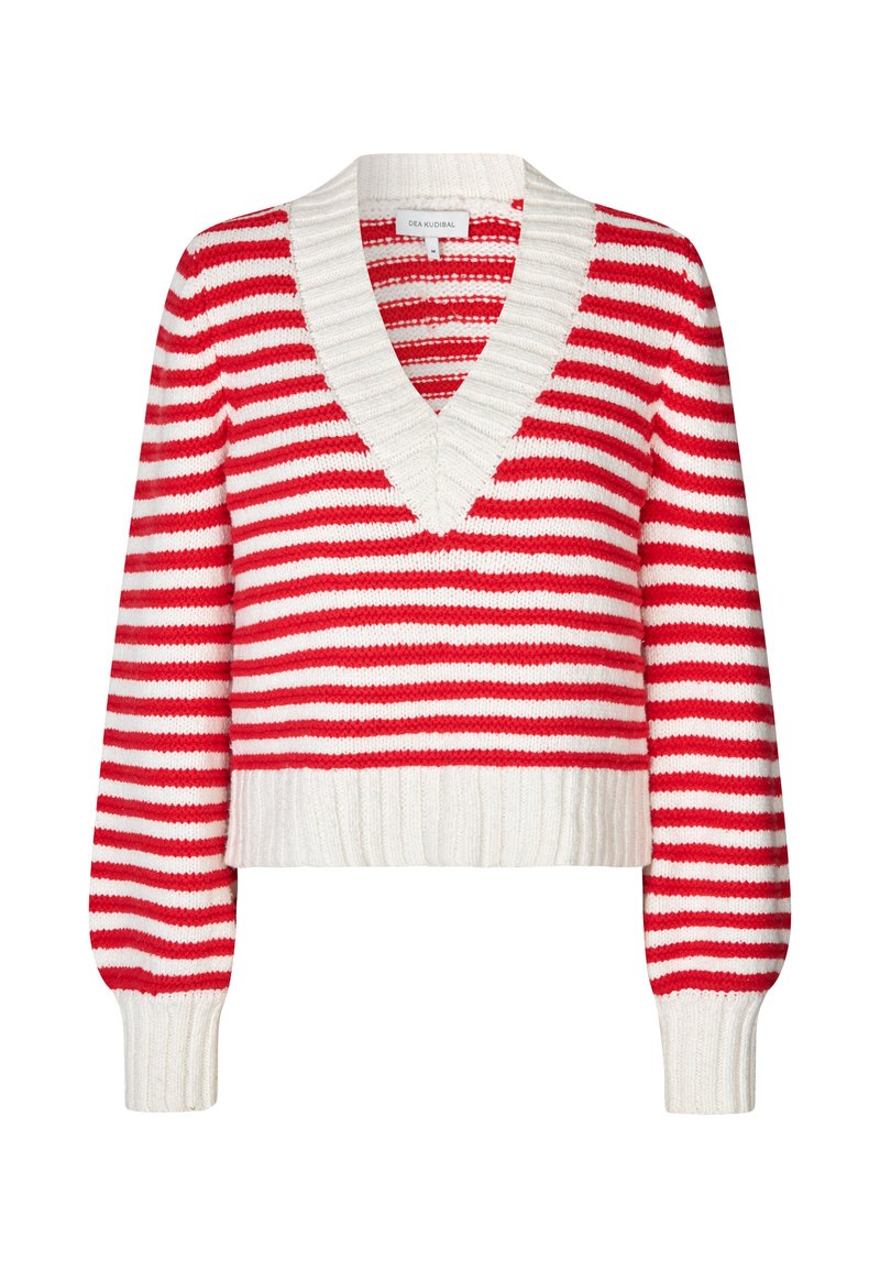 Maglione corto a righe rosse e bianche con scollo a V, texture a coste e maniche lunghe. Presenta un ampio orlo e polsini a coste.