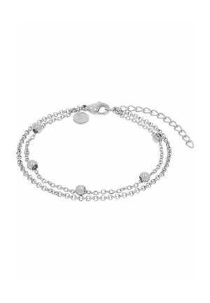 Zilveren armband met dubbele ketting, vijf kleine kralen, karabijnsluiting en verstelbare verlengkettinkje.