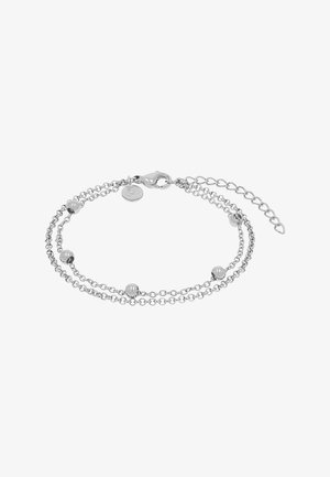 Zilveren armband met dubbele ketting, vijf kleine kralen, karabijnsluiting en verstelbare verlengkettinkje.