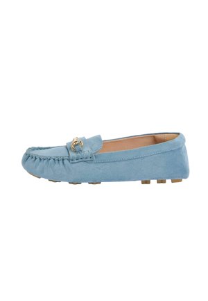 Light blue suede women's loafer with stitched moc toe and gold-tone metal buckle detail, rubber sole with grip studs.