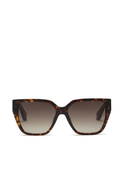 Lunettes de soleil carrées surdimensionnées avec montures écaille marron foncé et verres dégradés marron sur fond blanc.