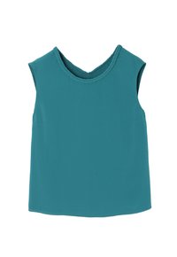 Top sin mangas en color azul verdoso con escote curvado y ribete trenzado. Fabricado con un tejido suave, presenta un corte relajado y detalles de diseño mínimos.