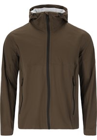 Veste légère marron avec un col haut, fermeture éclair à l'avant et deux poches latérales. Présente une finition lisse et mate ainsi qu'un design minimaliste.