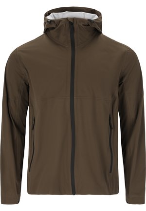 Bruine lichtgewicht jas met een hoge kraag, voorrits en twee zijzakken. Heeft een gladde, matte afwerking en een minimalistisch ontwerp.