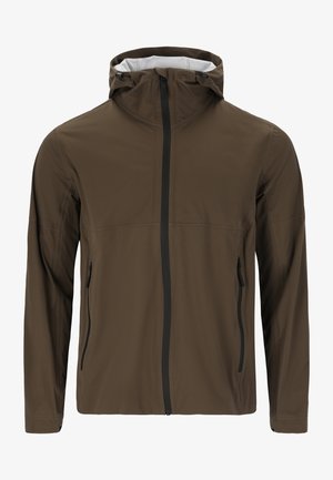 Bruine lichtgewicht jas met een hoge kraag, voorrits en twee zijzakken. Heeft een gladde, matte afwerking en een minimalistisch ontwerp.