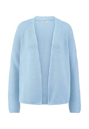 Knitted cardigan in light blue, open-front design, featuring ribbed texture, long sleeves, and a relaxed fit. Soft cotton material.