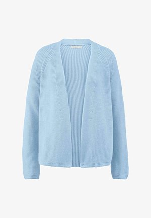 Cardigan tricoté en bleu clair, à décolleté ouvert, doté d'une texture côtelée, de manches longues et d'une coupe décontractée. Matière en coton doux.