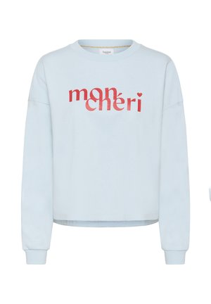 Felpa azzurro chiaro con design cropped, maniche lunghe e scollo tondo. Presenta la scritta rossa "mon chéri" stampata sul davanti.