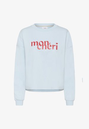 Felpa azzurro chiaro con design cropped, maniche lunghe e scollo tondo. Presenta la scritta rossa "mon chéri" stampata sul davanti.