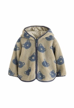 Fleecejakke i beige med blå bjørnemønstre, med lynlås foran, hætte og tekstureret stof for varme og komfort.