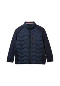 Veste en duvet navy avec un motif de piqûres horizontales, col montant, fermeture éclair complète et deux poches latérales zippées. Tissu lisse sur les manches.