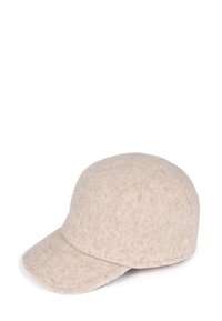 Light beige wool cap with a rounded crown and short brim. Soft texture and minimalist design, with no visible patterns or hardware.