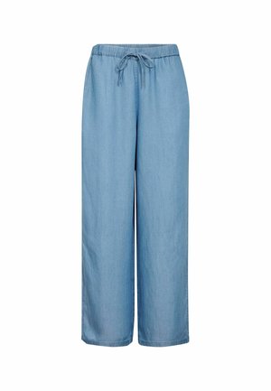 Hellblaue, weit geschnittene Hose mit elastischem Bund und Kordelzug, aus weichem Denimstoff.