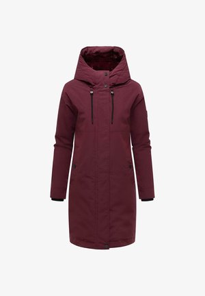 Manteau long bordeaux avec capuche, doté d'une doublure douce, de cordons de serrage ajustables et de deux poches avant avec boutons. Tissu lisse avec une coupe droite.