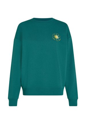 Tyrkisblå sweatshirt lavet af blødt materiale med rund halsudskæring og lange ærmer. Frontprint inkluderer gul tekst og en logo-detalje.