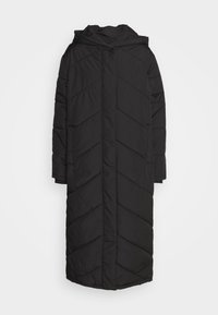 Black puffer coat with a long, straight design, hood, and diagonal quilted pattern. Made from textured synthetic material.