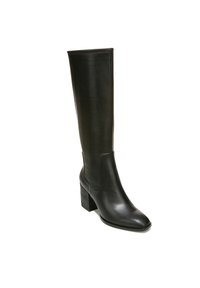Black leather knee-high boot with a square toe and textured block heel. Sleek design with minimal stitching and a smooth finish.