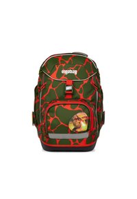 Rucksack aus grünem Stoff mit einem roten, unregelmäßigen Muster. Er hat einen silbernen Reißverschluss, eine Fronttasche und ein rundes grafisches Detail.