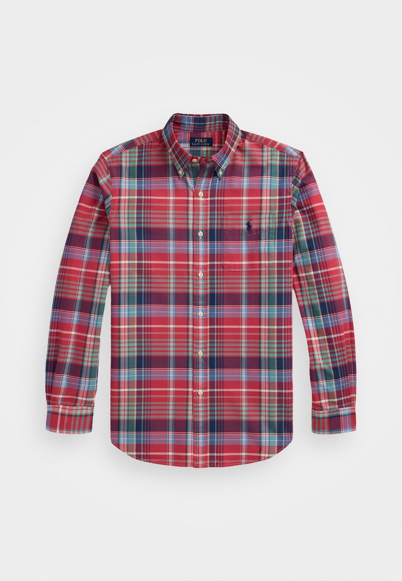 Langarm geruite overhemd in rood, blauw en groen met button-down kraag, borstzak en geborduurd logo aan de linkerkant.
