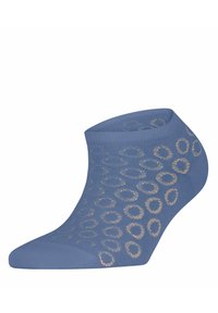 Enkelsok in blauw met een gestructureerd patroon van gouden cirkels. Gemaakt van rekbaar materiaal en voorzien van een geribbelde rand voor een comfortabele pasvorm.