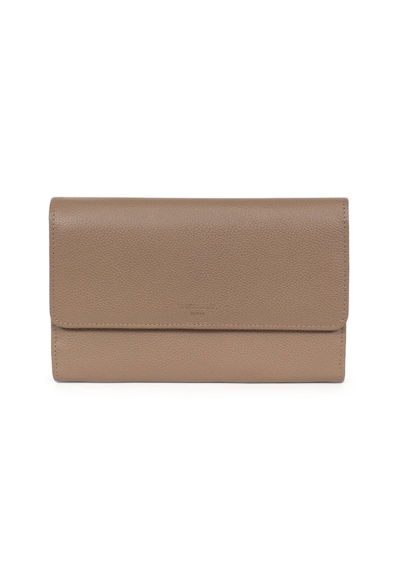 Portafoglio in pelle beige con finitura texturizzata, forma rettangolare e chiusura a pattina. Presenta un marchio discreto al centro.