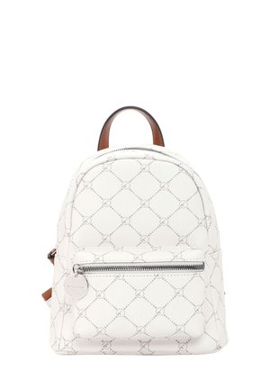 Small white backpack with a diamond pattern, front zip pocket, round metal zipper pull, and brown leather top handle and straps.