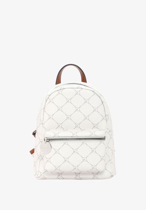 Kleiner weißer Rucksack mit Diamantmuster, Frontreißverschlusstasche, rundem Metallreißverschlussanhänger und braunem Ledergriff sowie Lederträgern oben.