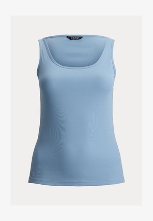 Lichtblauw mouwloos geribd tanktop met vierkante halslijn en nauwsluitend silhouet.