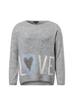 Gray knit sweater featuring the word "LOVE" in white and blue, with a decorative heart. Rounded neckline and relaxed fit. Soft texture.
