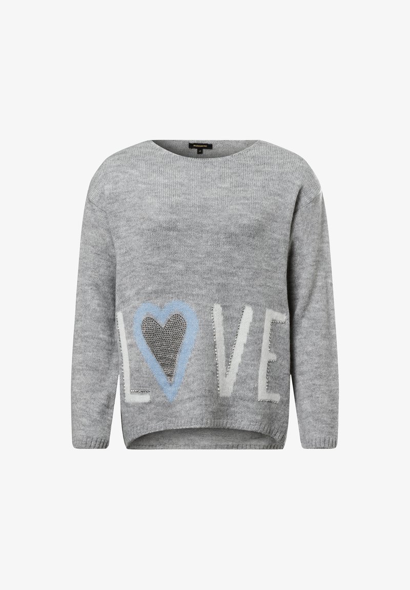 Gray knit sweater featuring the word "LOVE" in white and blue, with a decorative heart. Rounded neckline and relaxed fit. Soft texture.