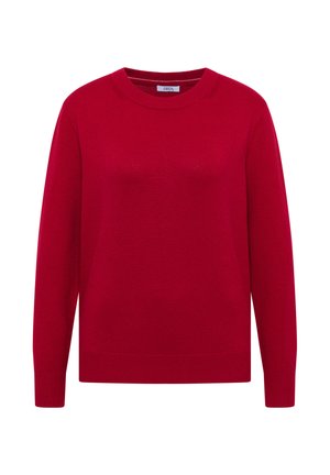Suéter rojo de manga larga con cuello redondo, con puños y dobladillo acanalados, hecho de tejido de punto fino, exhibido sobre un fondo blanco.