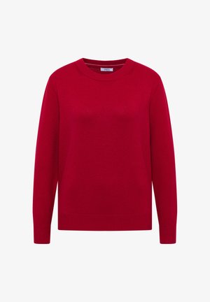 Pull à col rond rouge à manches longues avec des côtes aux poignets et à l'ourlet, fabriqué en tissu tricoté fin, présenté sur un fond blanc.