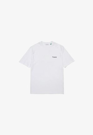 T-shirt blanc à manches courtes et col rond avec petit logo texte noir "EDWARD" sur le côté gauche de la poitrine.