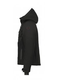 Zwarte buitenjack met een capuchon, uitgerust met een ritszak, gestructureerde stof en een ronde logopatch op de bovenarm.