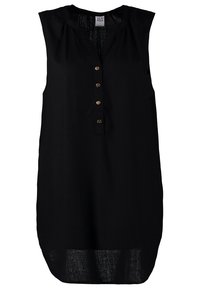 Robe noire sans manches Vero Moda avec encolure ronde et quatre boutons dorés au centre devant.