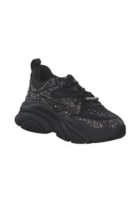 Sneakers neri con suola chunky e parte superiore testurizzata decorata con numerosi accenti scintillanti. Design con lacci e linguetta. 