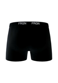 Boxers noirs avec une texture lisse, dotés d'une ceinture élastique blanche arborant la répétition de "FRGN". Coupe ajustée avec un design taille mi-haute.