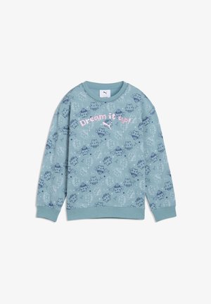 Felpa azzurra per bambini con volti di gatto disegnati ripetuti a fumetti e testo "Sogna in grande!" in rosa al centro davanti.