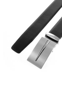 Black leather belt with a rectangular silver metal buckle featuring a slit design. Smooth texture and sleek, minimalist appearance.