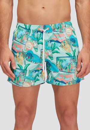 Costumi da bagno in tessuto aquamarina chiaro con una stampa tropicale che presenta cactus, foglie di palma e disegni colorati. Vita elasticizzata con coulisse.