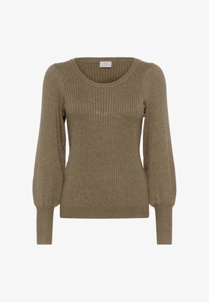 Maglione a coste verde oliva con scollo rotondo, maniche lunghe a pallone e silhouette aderente. Tessuto morbido e particolare sottile di elasticità.