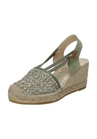 Sandalo con zeppa, tacco in suede verde e cinturini, tomaia in tessuto intrecciato, piattaforma in juta naturale e suola liscia beige.