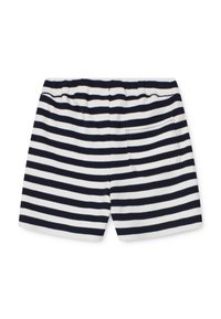 Randiga shorts med marinblå och vita horisontella ränder, elastisk midja och en enda bakficka. Tillverkade av mjukt, ventilerande tyg.