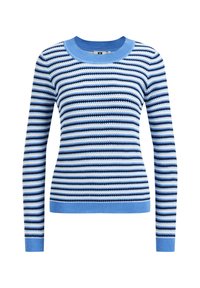 Randig tröja i blå nyanser med ribbat rundhals. Den har växlande vertikala linjer i olika bredder i marinblått, ljusblått och vitt.