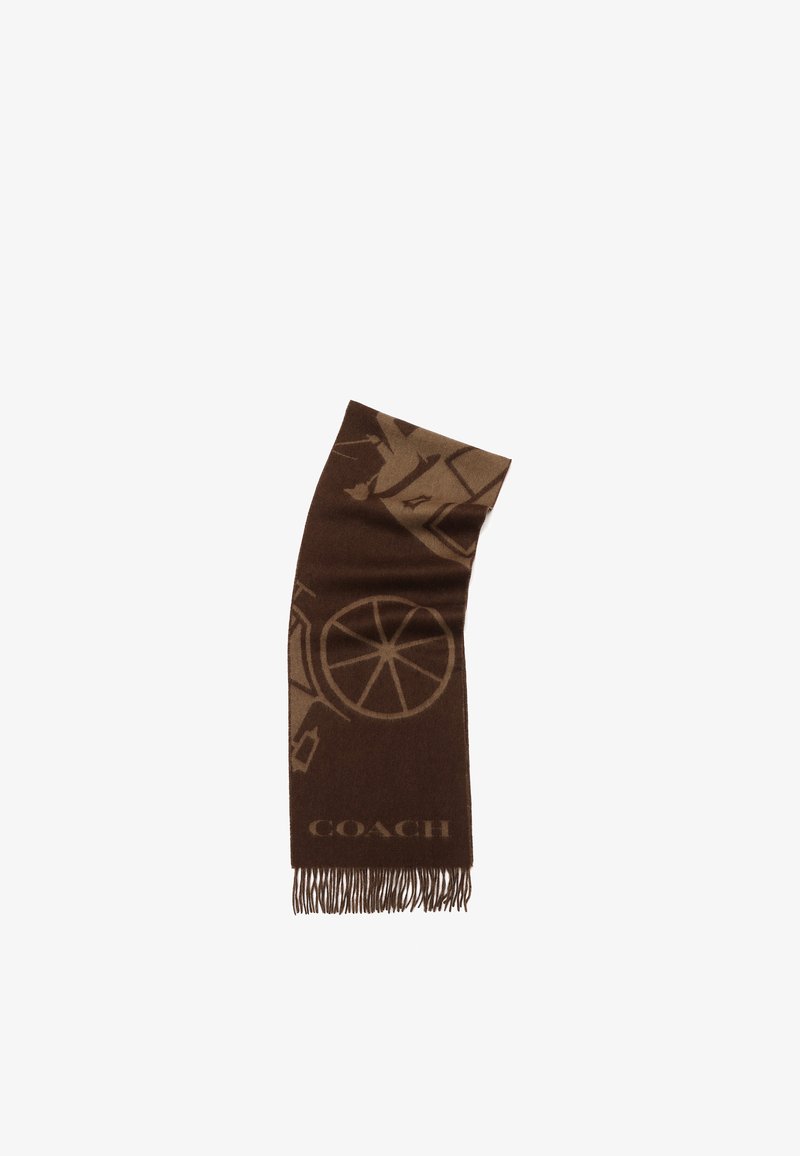 Brun tørklæde med lysere brune mønstre af vogn og hjul, frynsede ender og "COACH" logo nær bunden.