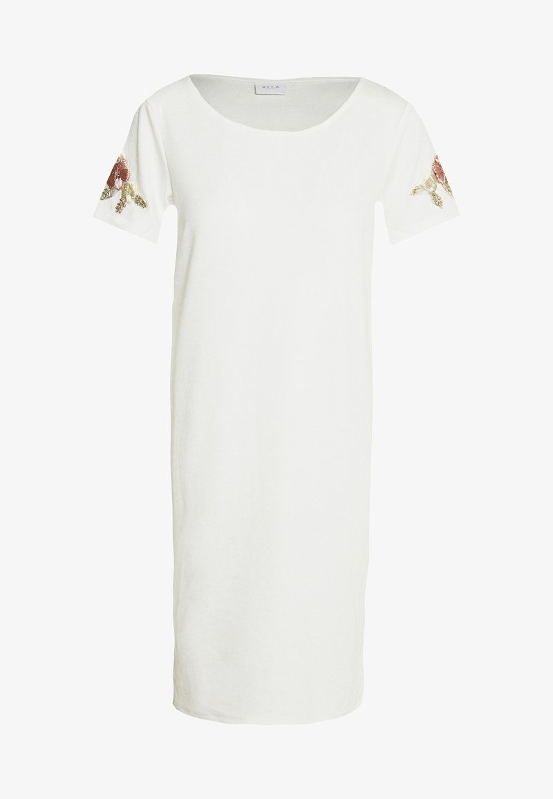 Robe blanche mi-longue aux genoux avec manches courtes ornée de motifs floraux brodés roses et beiges sur chaque manche.