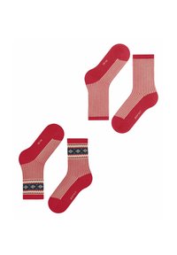 Rote Socken mit zwei Designs: eines mit einem geometrischen Muster, das andere mit einem gemusterten Bund. Rippstruktur, kontrastierende Ferse und Zehen.