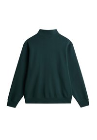 Sudadera verde con cuello alto, mangas largas y puños acanalados. Textura suave y corte holgado, con un color liso y sólido.